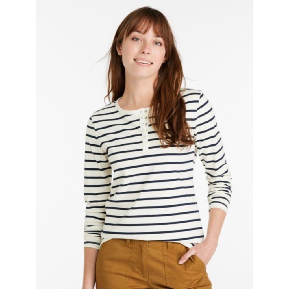 L.L. Bean Signature Rangely Cotton Henley Tee XL Striped Navy Cream Long Sleeve